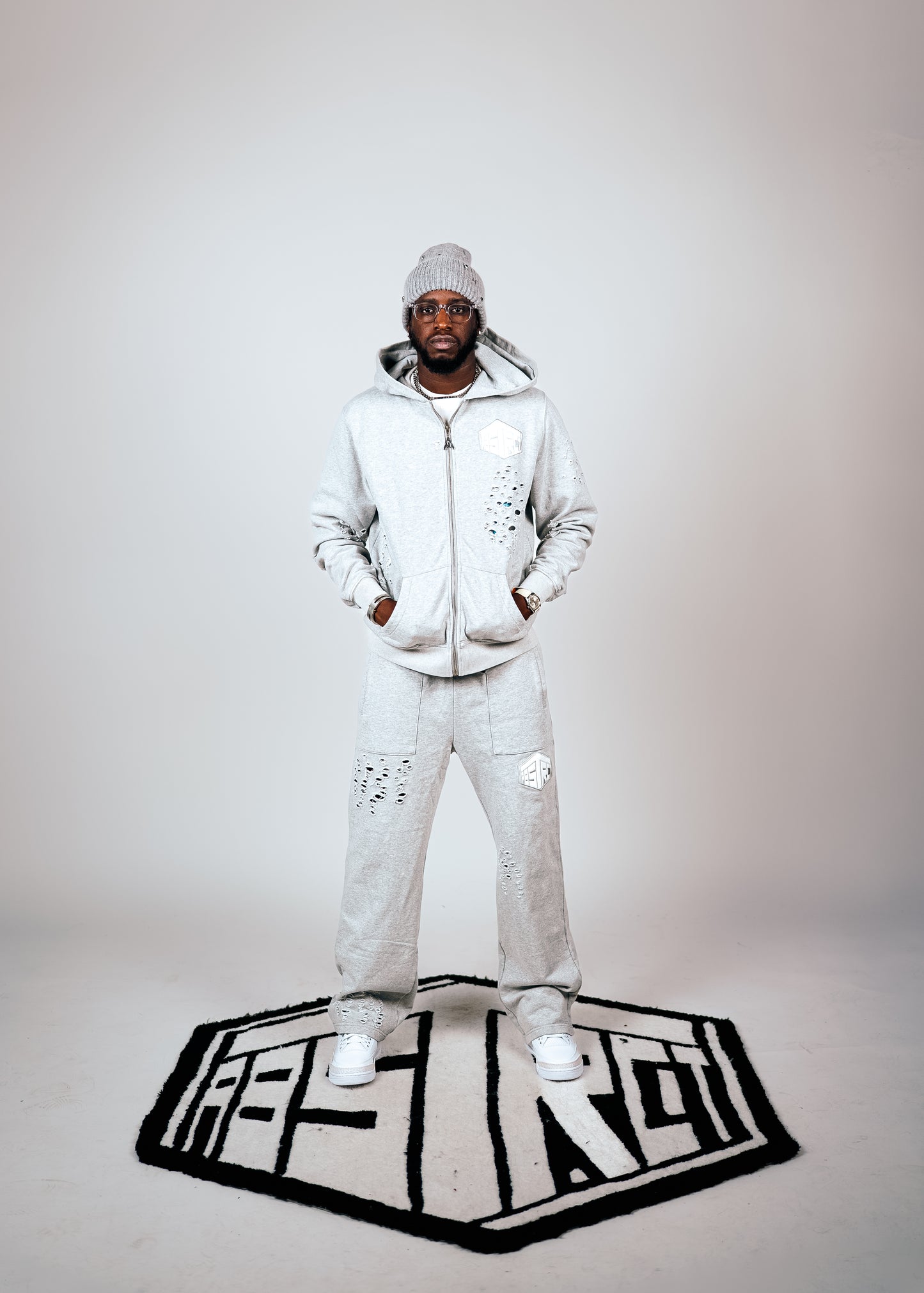 Distressed Leather Patch Zip Up (Gray)