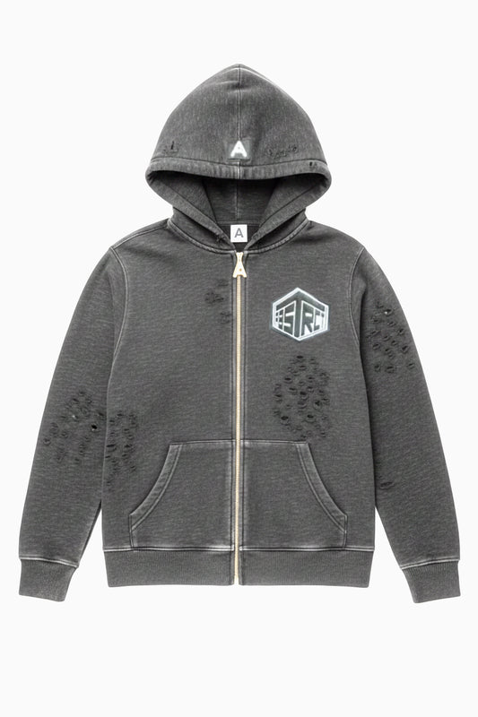 Distressed Leather Patch Zip Up (Black)