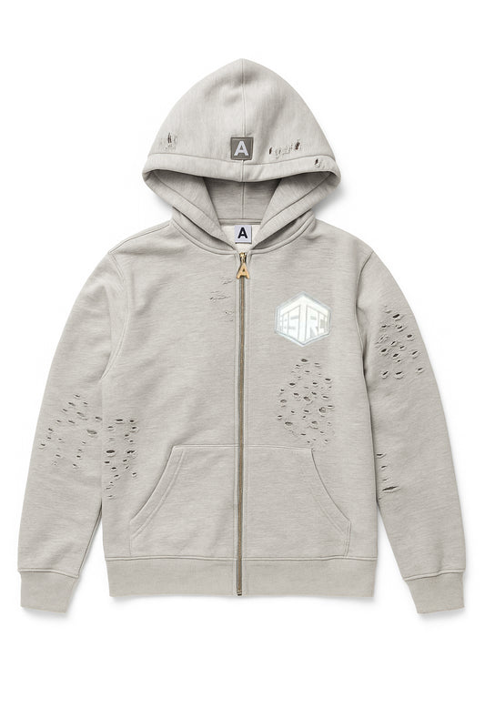 Distressed Leather Patch Zip Up (Gray)